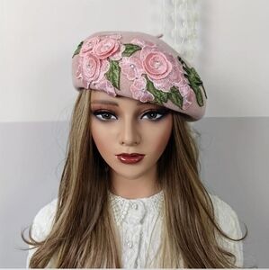 Women's 100% Wool Beret Hat with Hand-Embroidered Floral Accent, Lotus Pink